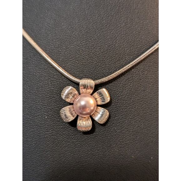 925 Sterling Snake Chain Pink Pearl Flower Pendant 18" Necklace - Picture 6 of 7